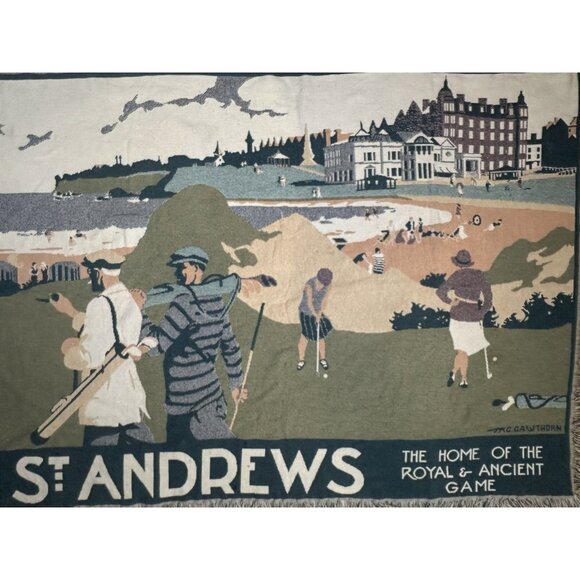 St Andrews Golf Afghan Throw Blanket Tapestry GOODWIN WEAVERS 29.5x67" - Picture 5 of 11